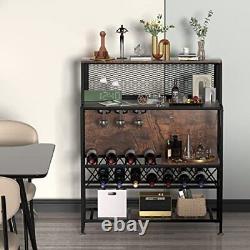Wine Rack Home Bar Table, Industrial Liquor Storage Rustic Brown Rustic Brown