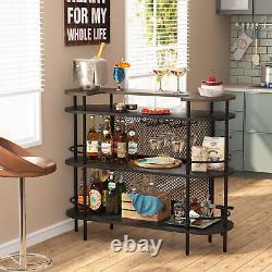 Wood & Metal Home Pub Bar Table with Glasses Holder, Kitchen Liquor Bar Table