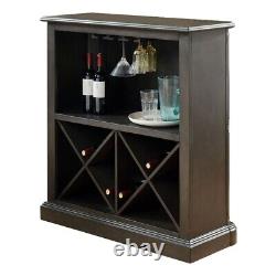 Wooden Bar Table with X Shaped Wine Holders and Wide Shelf Gray