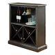 Wooden Bar Table With X Shaped Wine Holders And Wide Shelf Gray