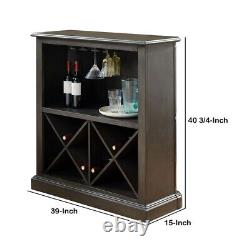 Wooden Bar Table with X Shaped Wine Holders and Wide Shelf Gray