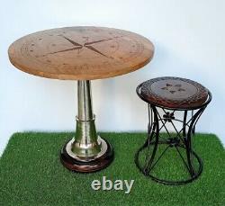 Wooden teak round coffee & tea table directional compass design bar & cafe decor