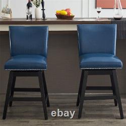 2PCS Tabourets de bar pivotants rembourrés en simili cuir avec pieds en bois bleu foncé