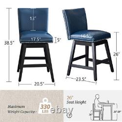 2PCS Tabourets de bar pivotants rembourrés en simili cuir avec pieds en bois bleu foncé