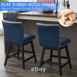 2PCS Tabourets de bar pivotants rembourrés en simili cuir avec pieds en bois bleu foncé