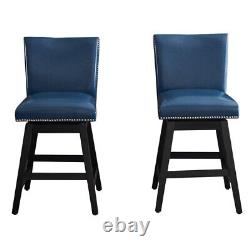 2PCS Tabourets de bar pivotants rembourrés en simili cuir avec pieds en bois bleu foncé