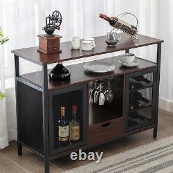 Armoire à vin industrielle Brown 43 avec bar à vin, verres à liqueur, table et support à vin pour la maison et la cuisine