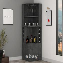 Armoire de bar à vin avec 8 compartiments, finition chêne fumé, table à deux portes et meuble inférieur