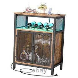 Armoire de bar à vin avec prise de courant et lumière LED, mini café rustique brun à domicile