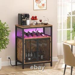 Armoire de bar à vin avec prise de courant et lumière LED, mini café rustique brun à domicile