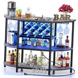 'Armoire de table de bar avec prise électrique, mini bar à domicile avec éclairage LED pour alcools et gris'