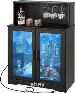 Cabinet de bar à vin avec rangement, armoire à liqueur à LED avec prises électriques, bar à café