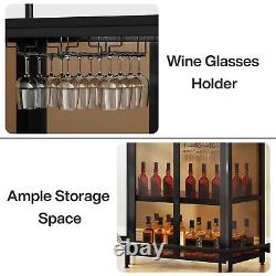 Cabinet de bar à vin moderne noir avec porte-verres et étagères de rangement à 4 niveaux
