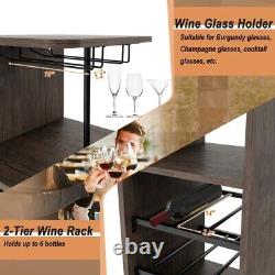 Ensemble de table de bar avec 2 chaises 3 pièces Table de rangement pour vin avec étagères et porte-verres