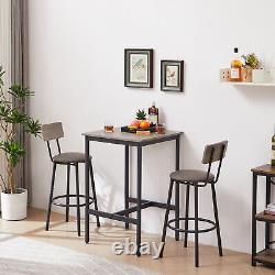 Ensemble de table de bar avec 2 tabourets de bar, siège en PU souple avec dossier, en panneau de particules carré gris