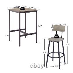 Ensemble de table de bar avec 2 tabourets de bar, siège en PU souple avec dossier, en panneau de particules carré gris