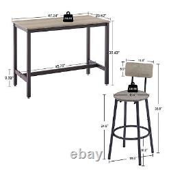 Ensemble de table de bar avec 4 tabourets de bar, siège en PU souple avec dossier, couleur grise, en panneau de particules rectangulaire.