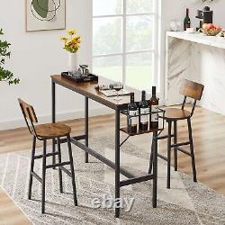 Ensemble de table de bar avec support de rangement pour bouteille de vin. Planche de particules rectangulaire de couleur brun rustique.
