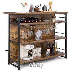 Îlot de cuisine industriel avec table de bar, étagère de rangement à 4 niveaux, support à vin et porte-verres