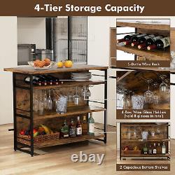 Îlot de cuisine industriel avec table de bar, étagère de rangement à 4 niveaux, support à vin et porte-verres