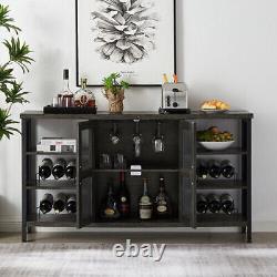 Meuble à bar pour vin et alcools avec support pour verres à pied, rangement pour bouteilles de vin et table.