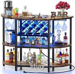 Meuble de bar avec table, cabinet et prise de courant, mini bar à domicile avec LED pour alcools, bar à vin métallique