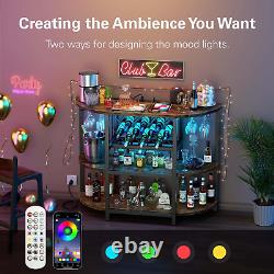 Meuble de bar avec table, cabinet et prise de courant, mini bar à domicile avec LED pour alcools, bar à vin métallique
