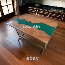 Table à manger en bois d'acacia avec résine époxy verte pour bureaux, bars ou décoration d'intérieur