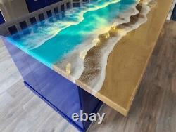 Table à manger en résine époxy sur mesure comptoir de bar en bois inspiré des vagues de l'océan