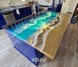 Table à manger en résine époxy sur mesure comptoir de bar en bois inspiré des vagues de l'océan