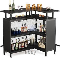 Table de bar L, verrerie, 2 étagères, mini bar, noir