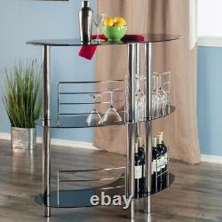 Table de bar à vin Martini en verre métal noir 2 étagères pour la maison, le salon et la salle à manger.