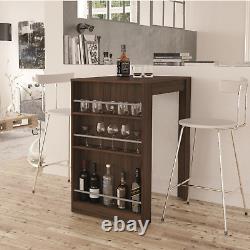 Table de bar élégante de rangement en noyer foncé avec étagère à vin et à liqueur, étagère de rangement pour le domicile