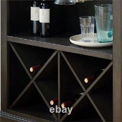 Table de bar en bois avec porte-bouteilles en forme de X et étagère large gris