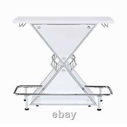 Table de bar moderne contemporaine avec rangement à vin, finition blanc laqué brillant, Coaster 130078