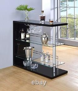 Table de bar moderne en bois avec étagère en verre, rangement glamour pour vin, finition noire brillante 100165