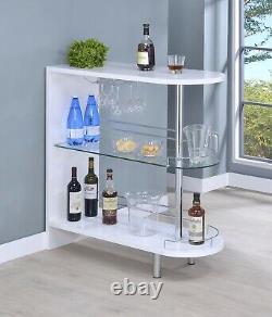 Table de bar pub contemporaine moderne avec étagère en verre et rangement à vin en blanc à haute brillance.