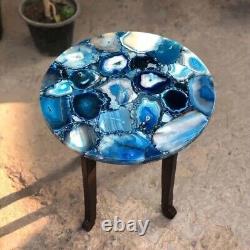 Table de console de bar de dessus de table de café rond en pierre gemme d'agate bleue Décoration de la maison et du jardin