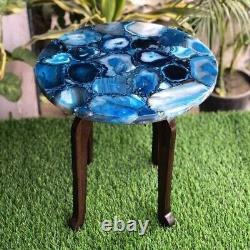 Table de console de bar de dessus de table de café rond en pierre gemme d'agate bleue Décoration de la maison et du jardin