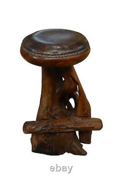 Tabouret de bar en racine de teck naturel ancien, mobilier de bar, jeu de bar