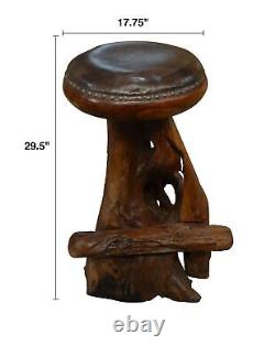 Tabouret de bar en racine de teck naturel ancien, mobilier de bar, jeu de bar