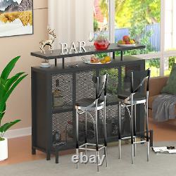 Unité de meuble de bar à domicile avec table à liqueur et vin, rangement d'exposition et support métallique noir